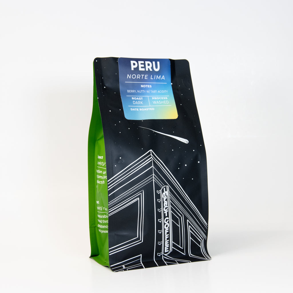 Coffee bag labeled 'Peru Norte Lima' with a black and green design on a white background
