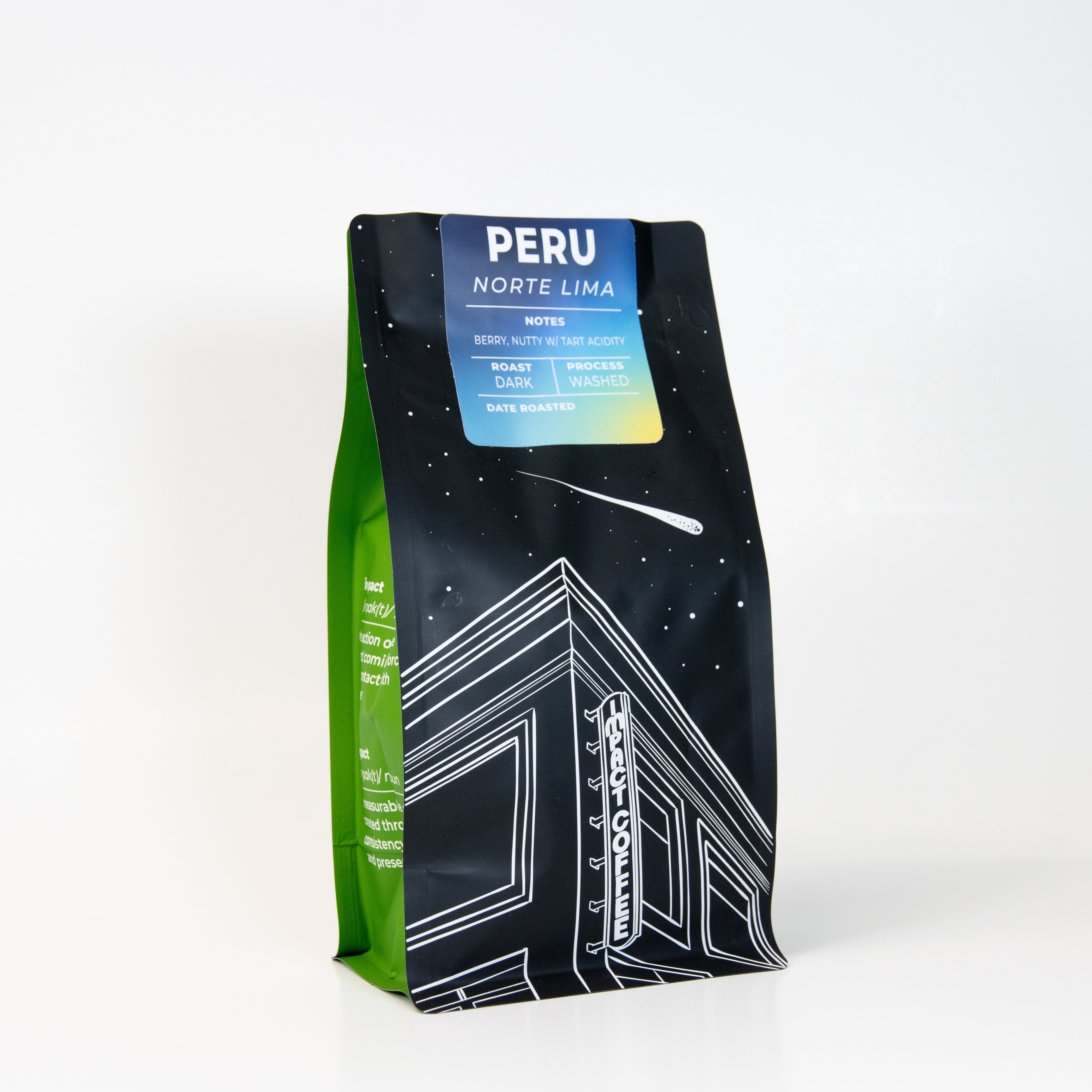 Coffee bag labeled 'Peru Norte Lima' with a black and green design on a white background