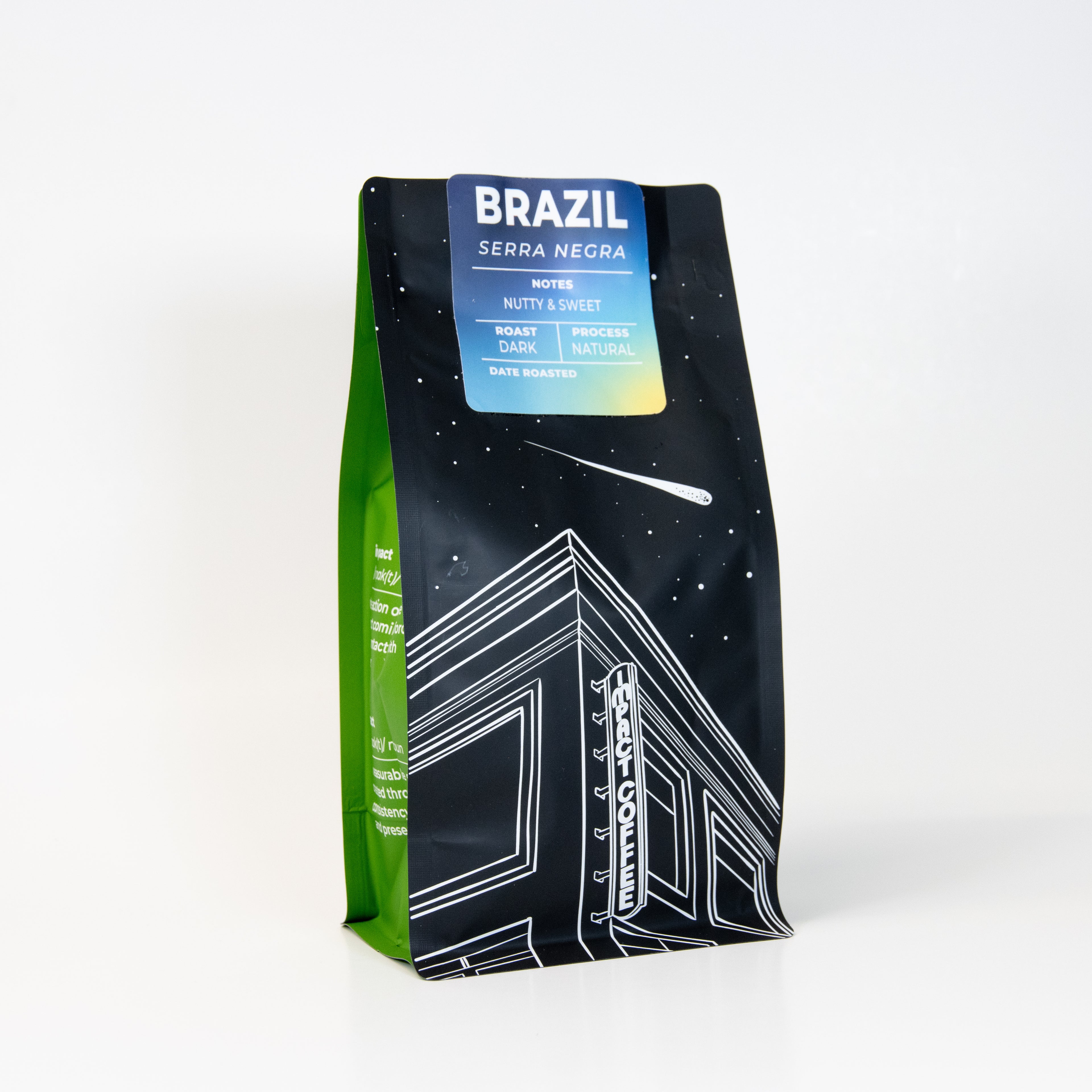 Coffee bag labeled 'Brazil Serra Negra' on a white background