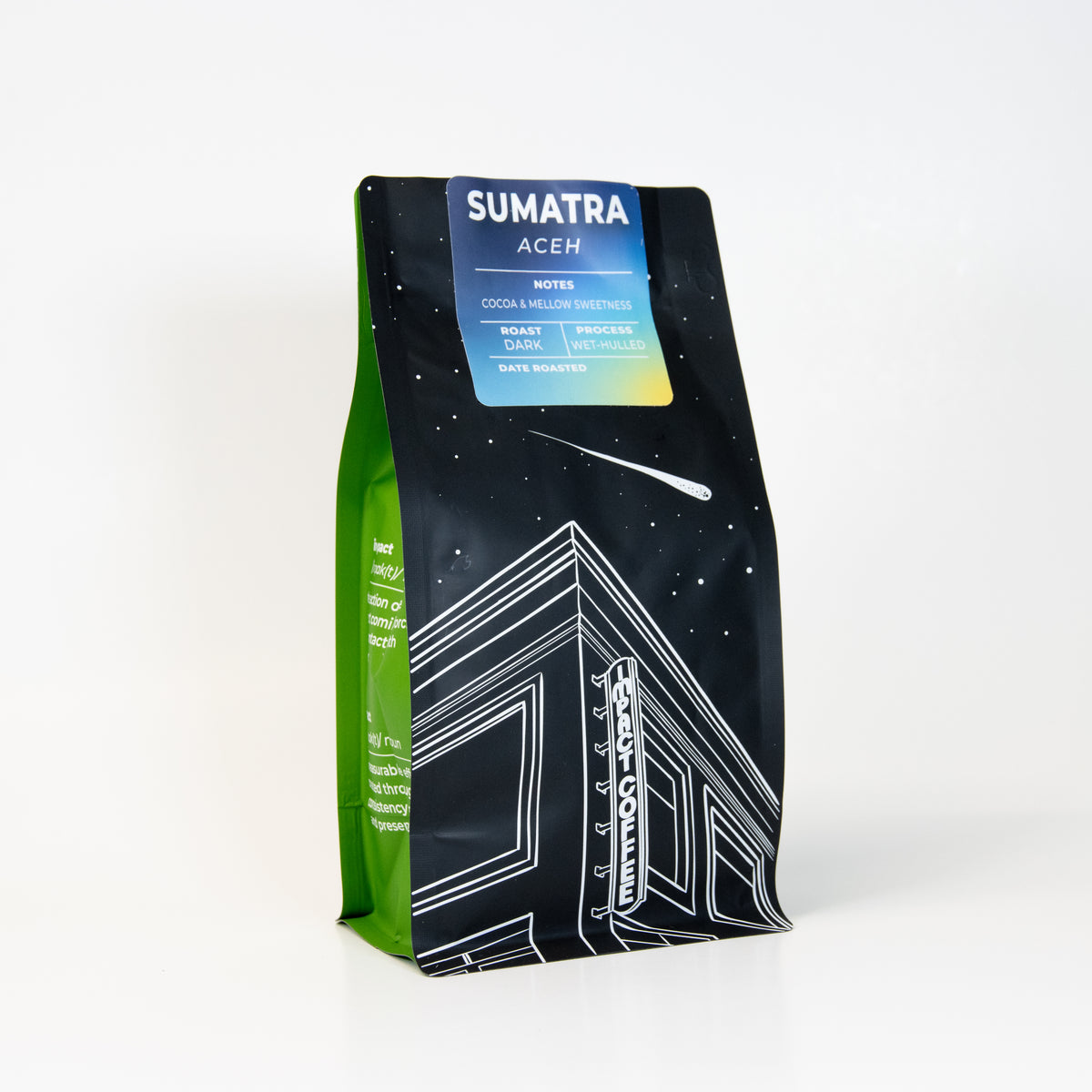 Coffee bag with 'Sumatra Aceh' label on a white background