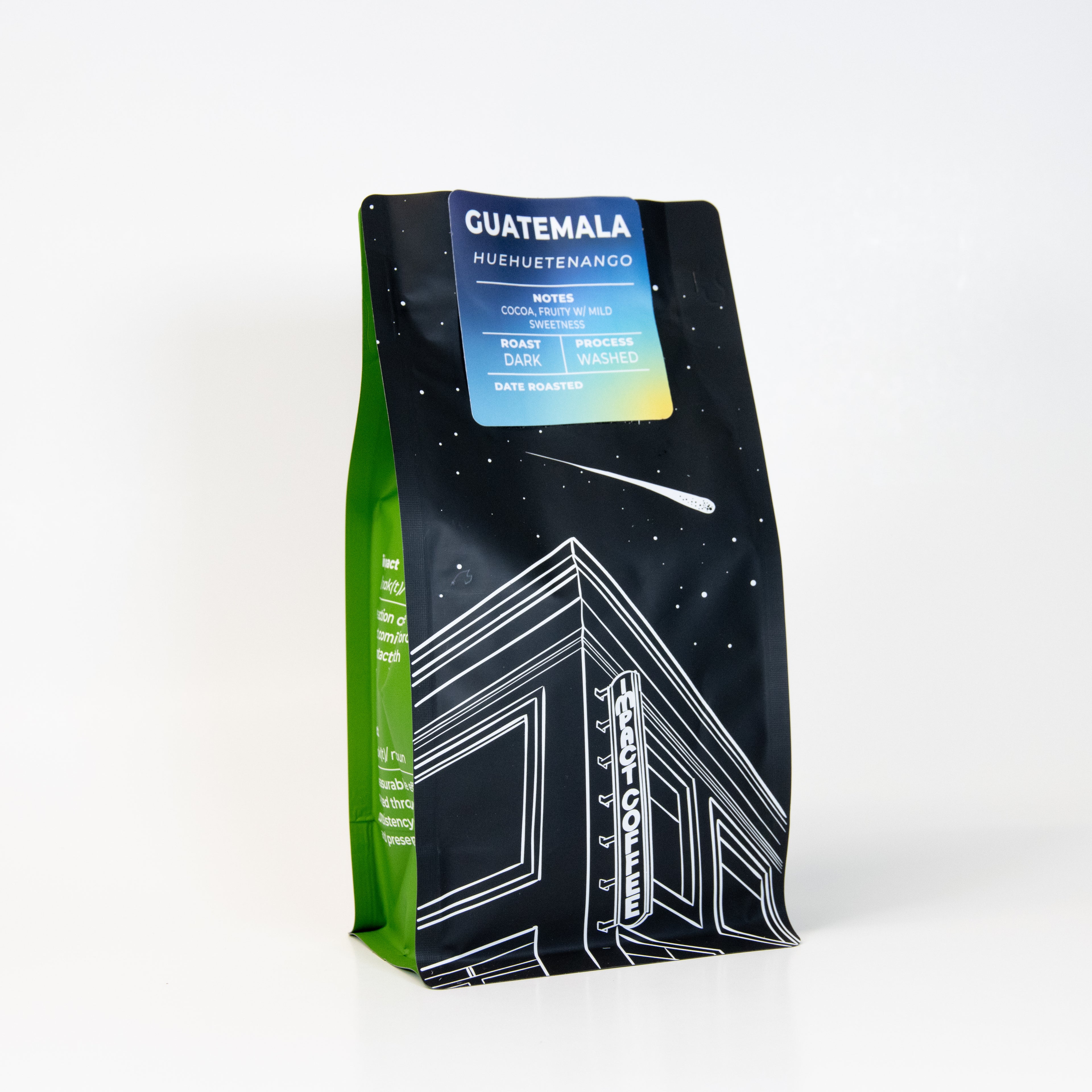 Coffee bag with 'Guatemala dark roast' label on a white background