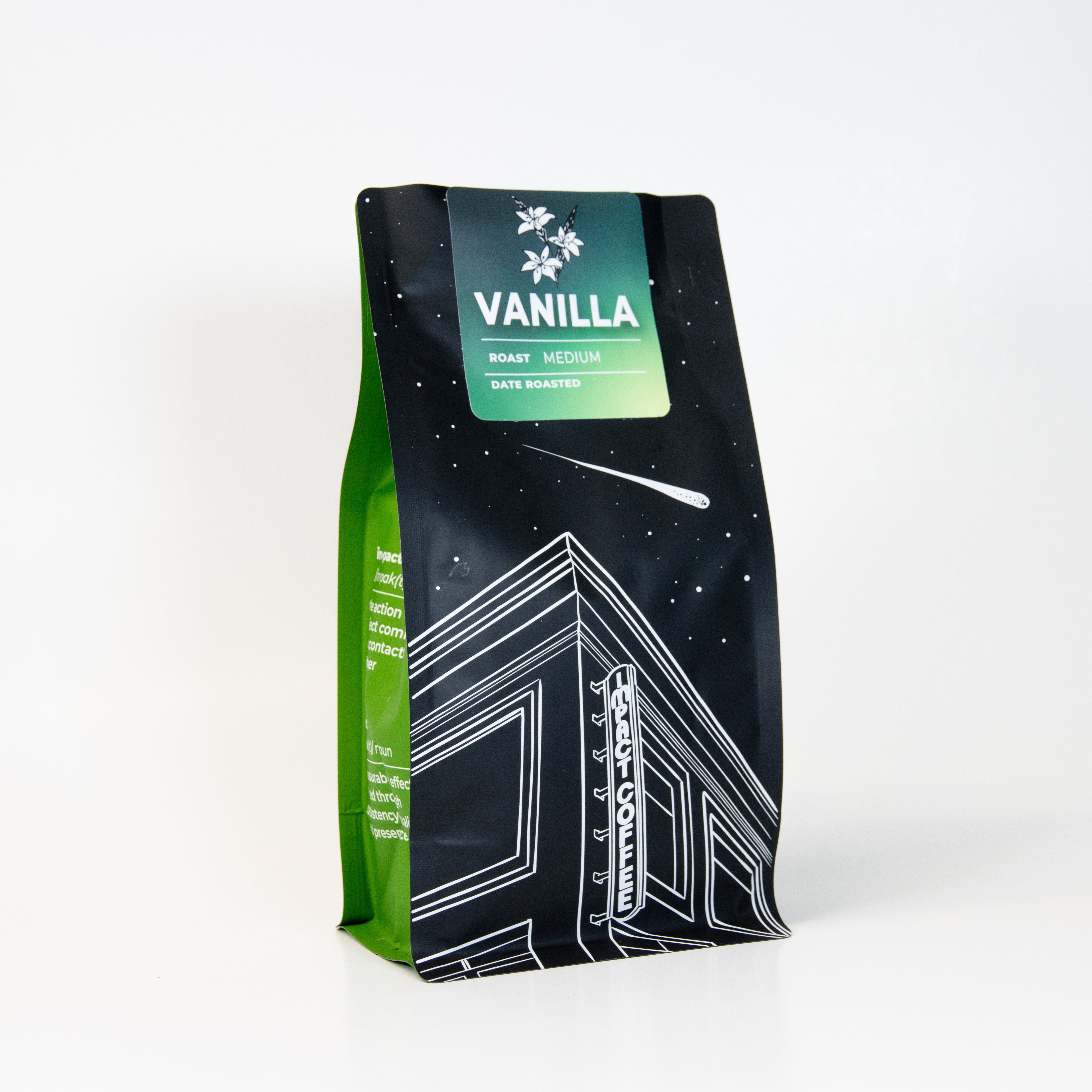 Vanilla coffee package with green and black design on a white background