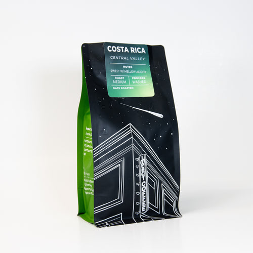 Coffee bag from Costa Rica with green and black design on a white background