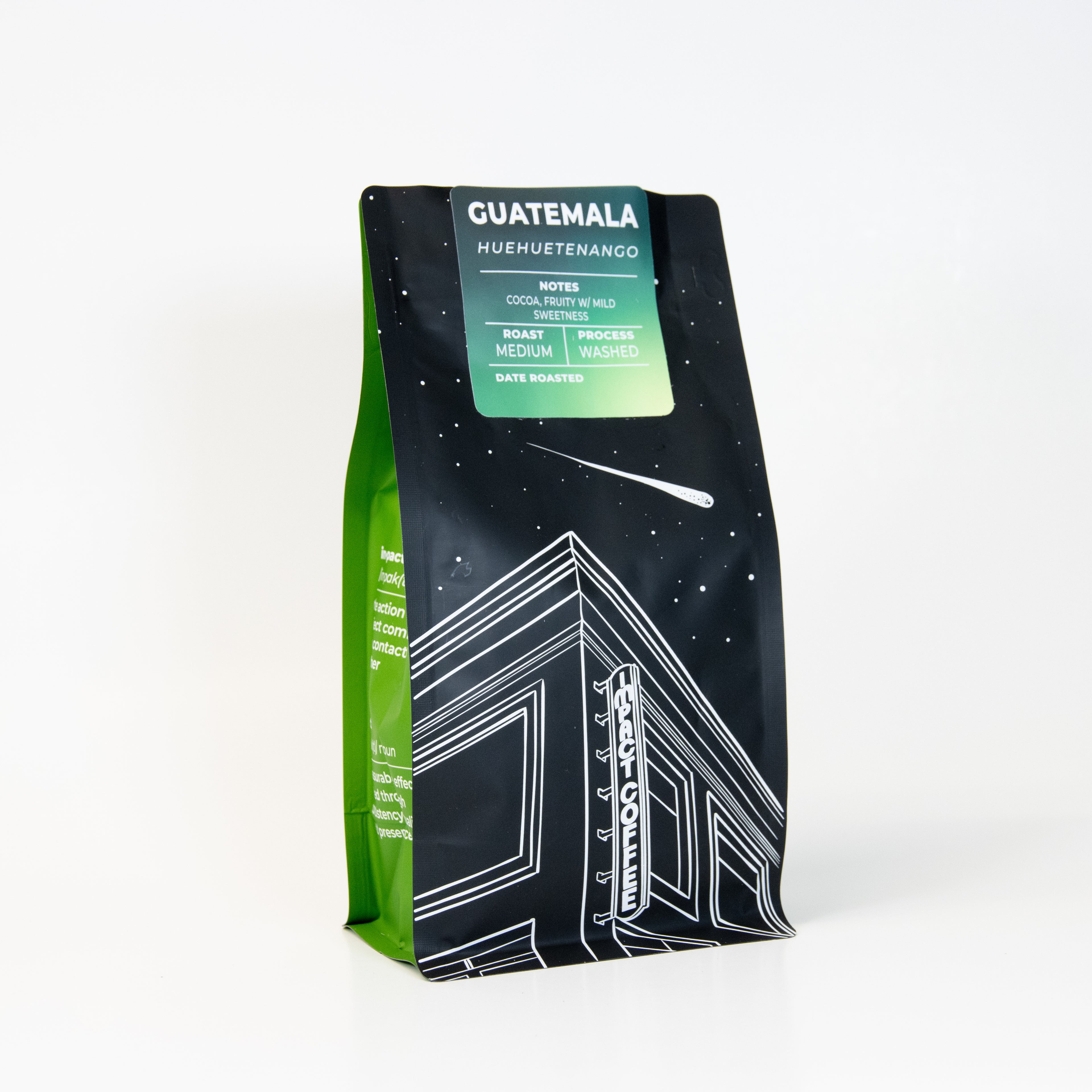 Coffee bag with 'Guatemala medium roast' and 'Huhuetenango' text on a white background