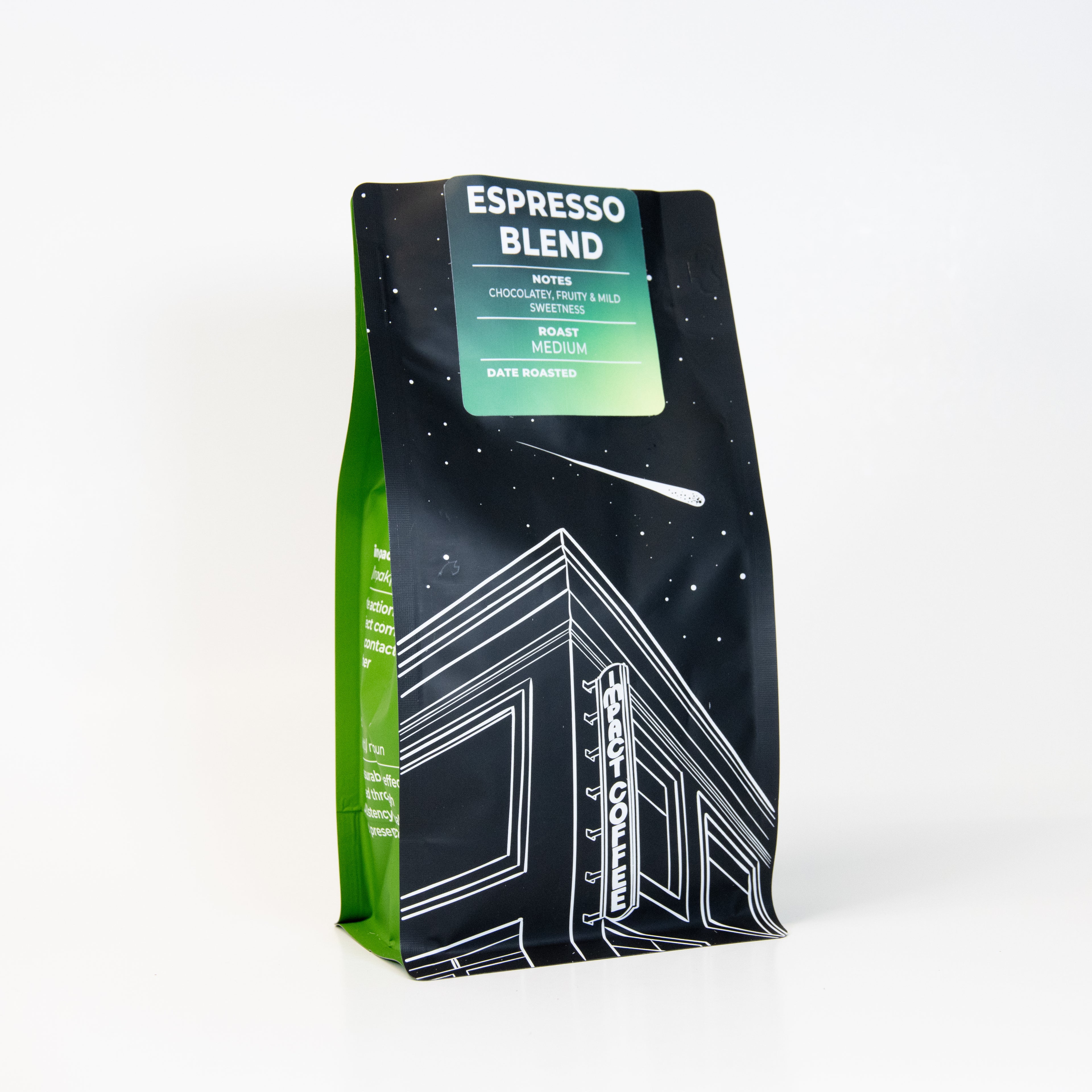 Coffee bag labeled 'Espresso Blend' with a gradient design on a white background