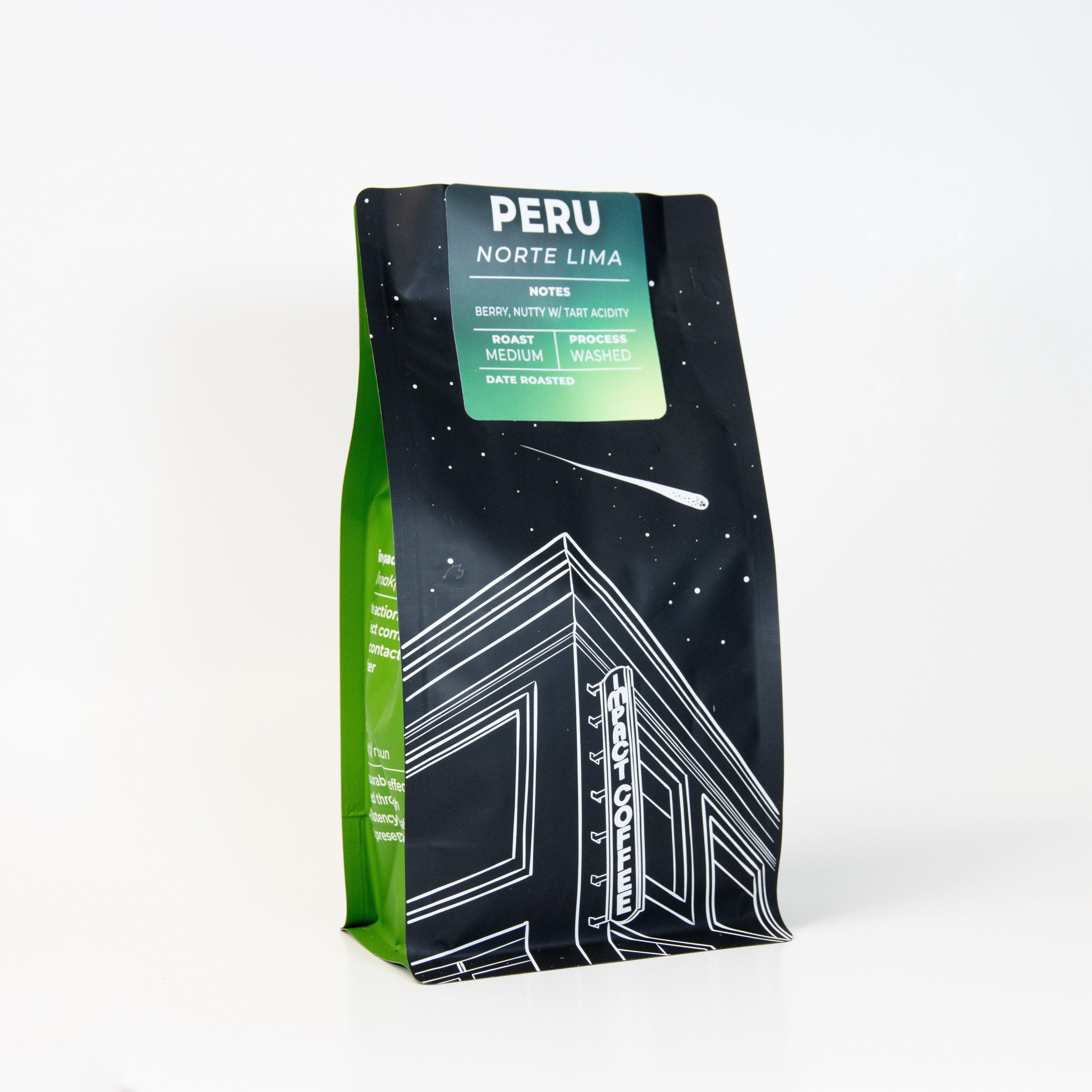 Coffee bag labeled 'Peru Norte Lima' on a white background