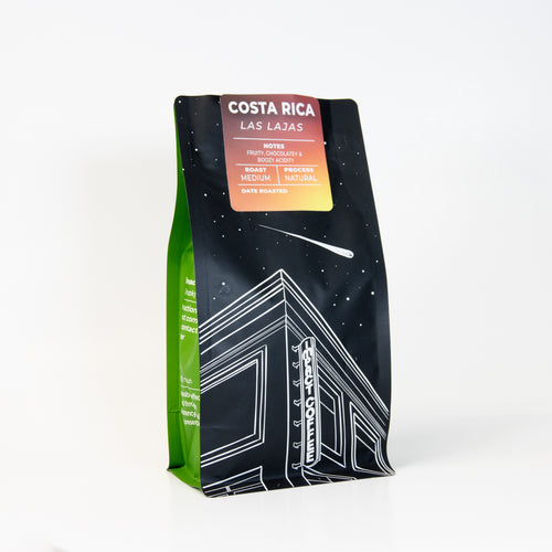 Coffee bag labeled 'Costa Rica Las Lajas' on a white background