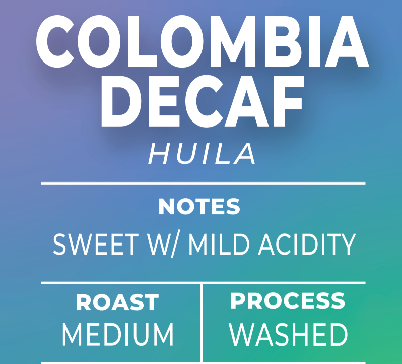 Colombia Decaf coffee label with details on a blue and green gradient background