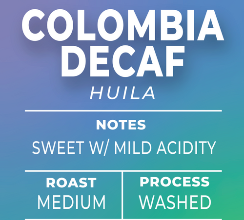 Colombia Decaf coffee label with details on a blue and green gradient background