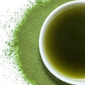A bowl of matcha with matcha powder around it on a white background