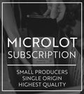Promotional image for Microlot Subscription featuring text on a coffee bag with highlights on 'MICROLOT SUBSCRIPTION', 'SMALL PRODUCERS', 'SINGLE ORIGIN', and 'HIGHEST QUALITY'.